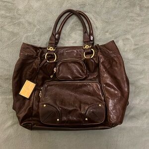 The Car Shoe Bag. Chocolate Brown Leather Handbag w/ Gold Hardware